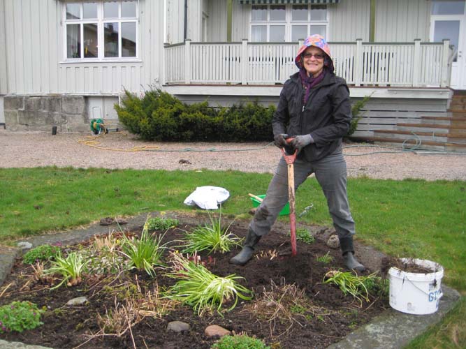 Ulla-Britt gjør klar blomsterbedet